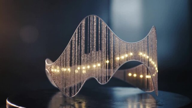 Rotating on motor start brushed-metal ribbon sculpture on stand, revealing shapes with warm LEDs
