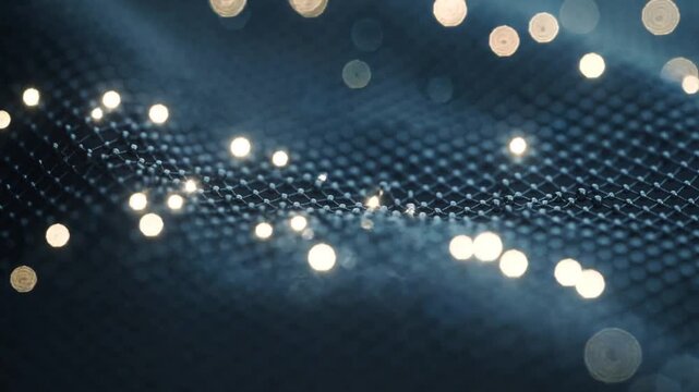 Shifting camera focus dark blue woven mesh waving in studio, warm bokeh lights revealing texture