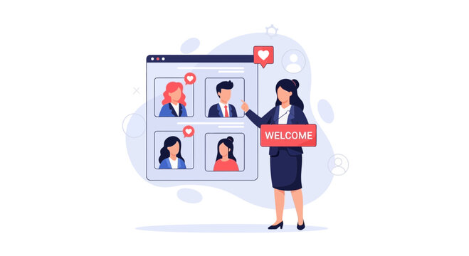 Businesswoman Welcoming New Team Members in Online Meeting, Virtual Onboarding Concept