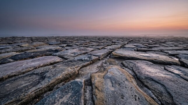 Dramatic sunset over fractured limestone pavement landscape with colorful sky