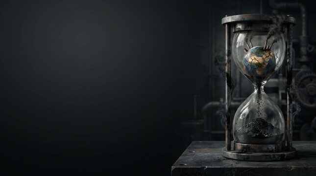 Hourglass with a cracked Earth inside emitting smoke symbolizing environmental crisis and time