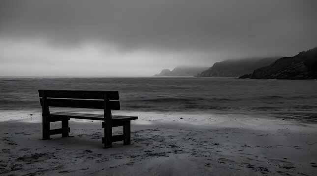 Empty wooden bench facing a misty ocean horizon on a lonely sand beach