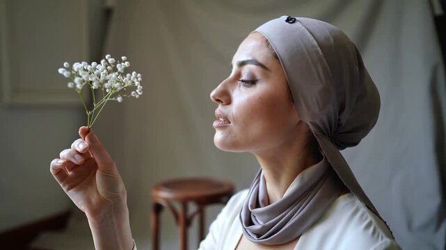 Holding baby's-breath near face, woman in taupe hijab inhaling and blowing to smell flowers in room