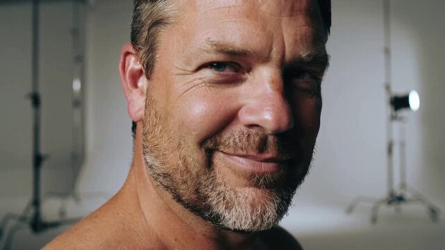 Exhaling shirtless man rotating toward camera and relaxing into smile for headshot, lighting rigs