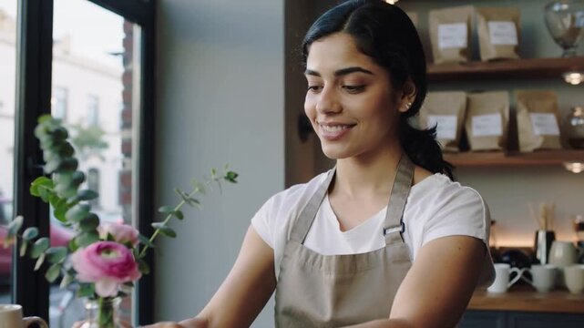 Placing vase, barista adjusting eucalyptus and ranunculus presenting on counter at cafe