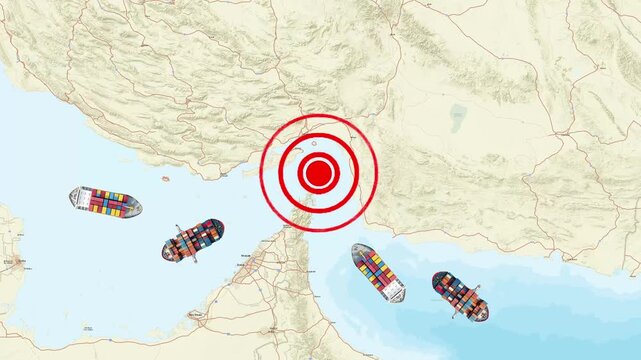 Red radar warning over Strait of Hormuz shipping route map