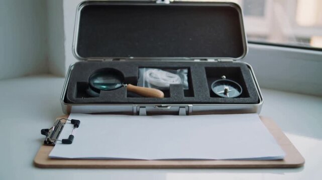 Pulling camera exposing open foam case on windowsill to reveal magnifier, compass, clipboard