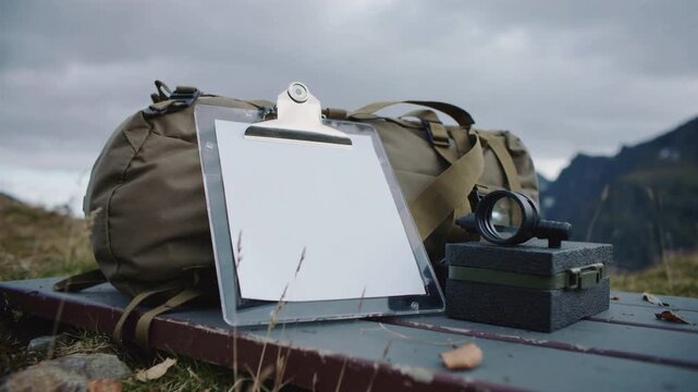 Wind lifting blank sheet from clipboard leaning against khaki backpack on plank, with monocular box