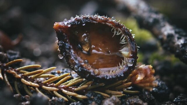 Dripping water stream striking seed pod with serrated rim on forest floor, forming glossy pool