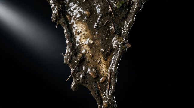 A viscous dripping mass of dark wet earth and small pebbles with twigs global warming