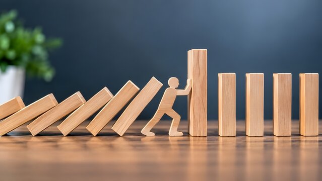 Wooden figure pushing against falling domino blocks representing human resilience and proactive crisis intervention