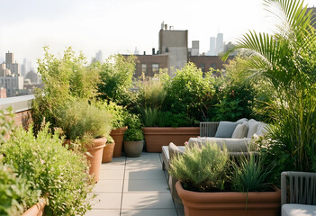 Obraz premium Urban gardening and rooftop oasis, sustainable city living with balcony plants and outdoor lounge furniture on a sunny terrace overlooking the skyline