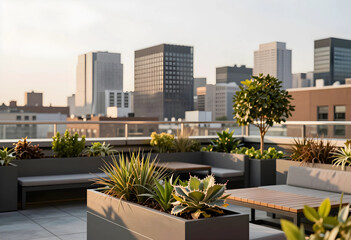 Obraz premium Urban lifestyle and city living, modern rooftop terrace with plants and skyline view at sunset for luxury real estate and outdoor relaxation space
