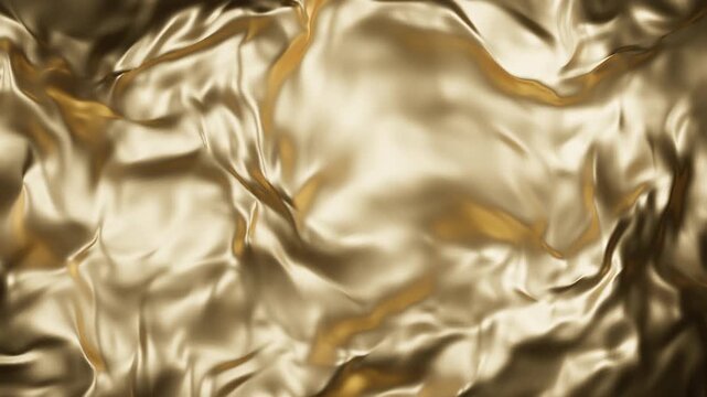 Abstract golden metallic fabric flowing in smooth waves with shimmering reflections. Luxury gold liquid texture background animation for premium, elegant, fashion, beauty, jewelry, finance 