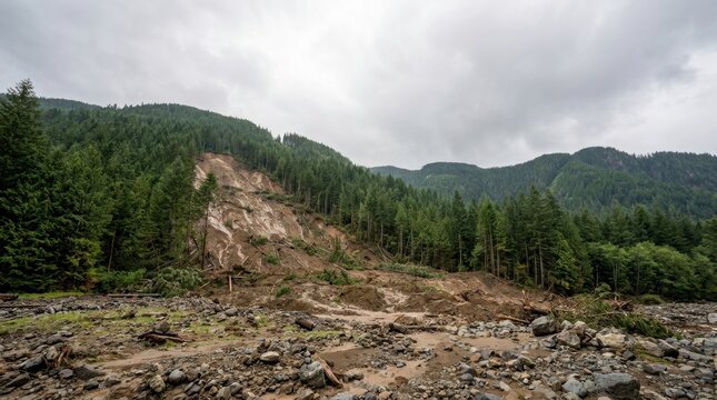 Mudslide scars a forested mountainside with debris scattered in a rocky streambed below