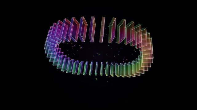 Rainbow rectangular prisms rotating in circular formation on black