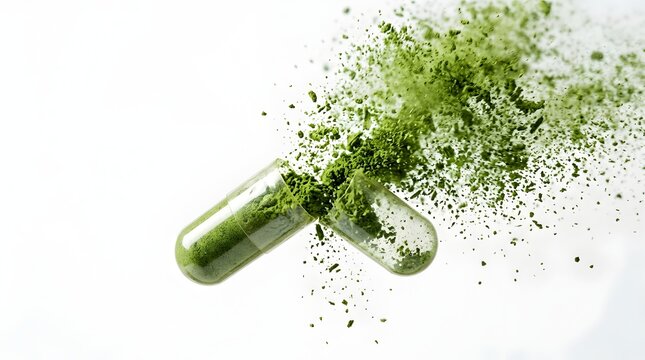 Green herbal powder exploding from open transparent capsule on white background