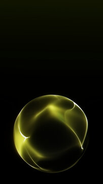 Yellow glowing sphere with fluid inner light trails on black, creating a bold futuristic abstract background for technology and digital visuals.