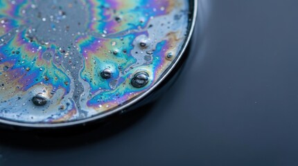 Obraz premium Colorful iridescent oil slick with bubbles floating on dark water surface global warming