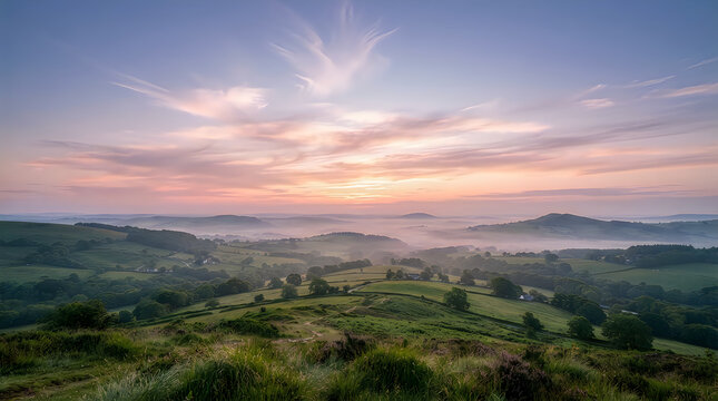 Stunning sunrise over the rolling green hills and foggy valleys of the English countryside at dawn