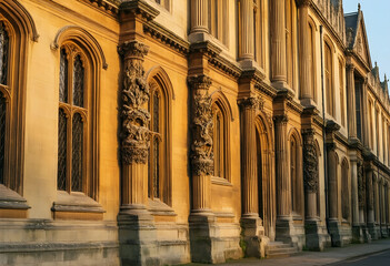 Obraz premium Higher education and academic excellence, historic university building with ornate stone columns and gothic architecture in golden hour sunlight