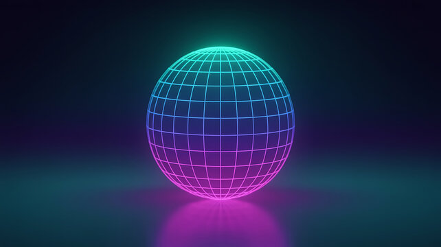 Neon grid sphere with purple and teal glow glowing
