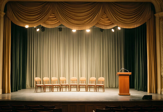 Conference and event planning, empty stage with chairs and podium for keynote speaker or panel discussion in a classic theater auditorium setting
