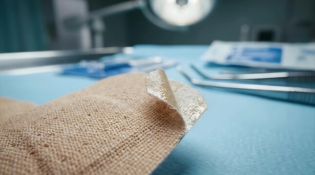 Close-up of a medical adhesive bandage being peeled on a blue surgical drape in a hospital operating room with surgical tools and blurred lamp in the background, ideal for first aid and wound care.