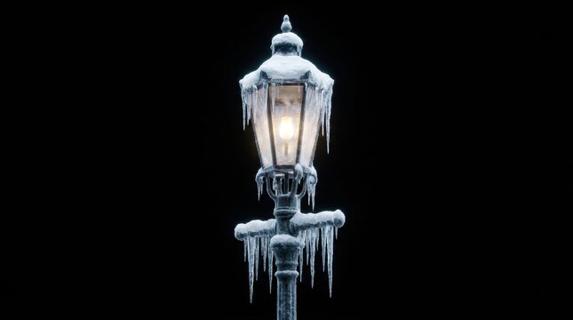 An ornate vintage lamppost covered in thick icicles and frost during a harsh winter