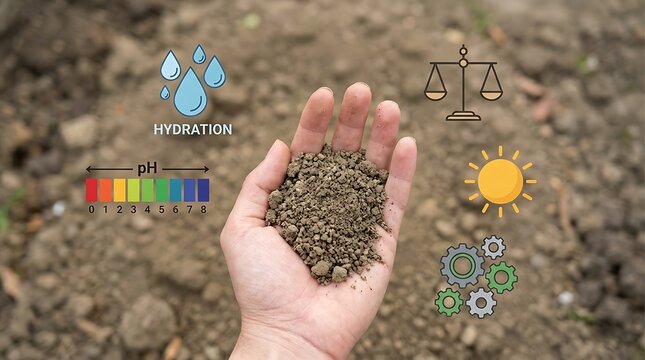 Hand holding soil with hydration symbols pH scale sun and gear icons representing nature