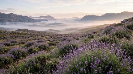 Fototapeta premium Lavender fields in provence at sunrise with morning mist and rolling hills