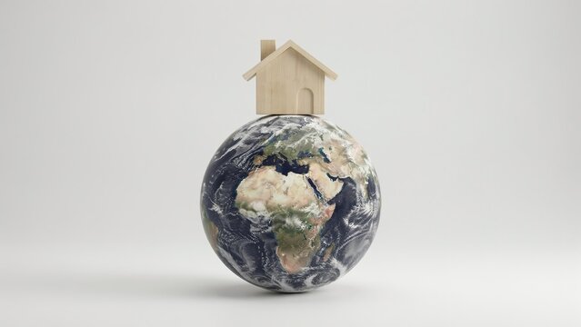 Small wooden house perched atop a detailed globe of earth, isolated on a light gray background, home miniature house