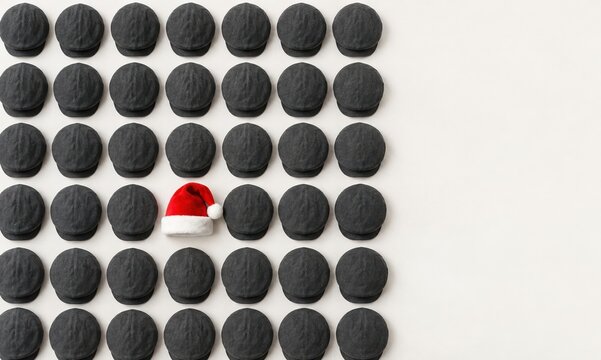 Red santa hat among dark grey work caps, festive and soft textile textures on a light background for retail and business advertising