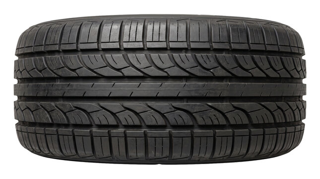 Black rubber car tire side profile view for vehicle service maintenance and automotive industry design.