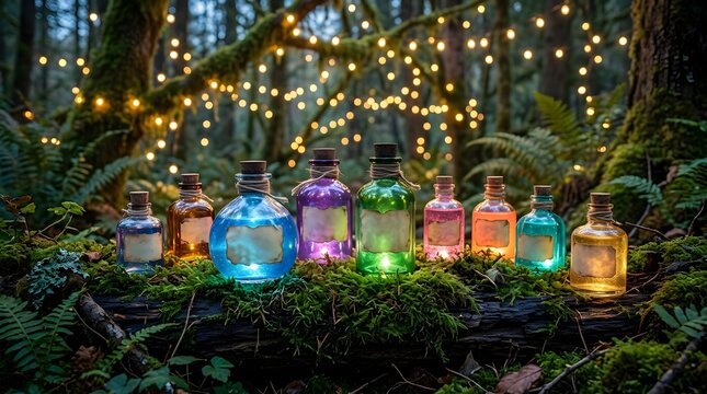 Magical potion bottles with glowing liquid on mossy forest log