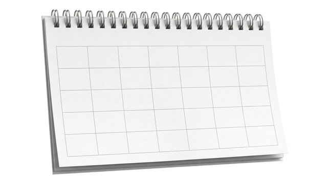 Blank desktop spiral calendar mockup with monthly grid template for scheduling planning organization.
