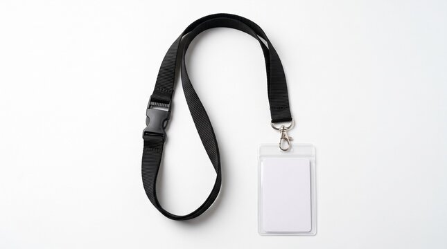 Black lanyard with blank ID card holder, professional neck strap for identification, corporate security badge mockup on white background