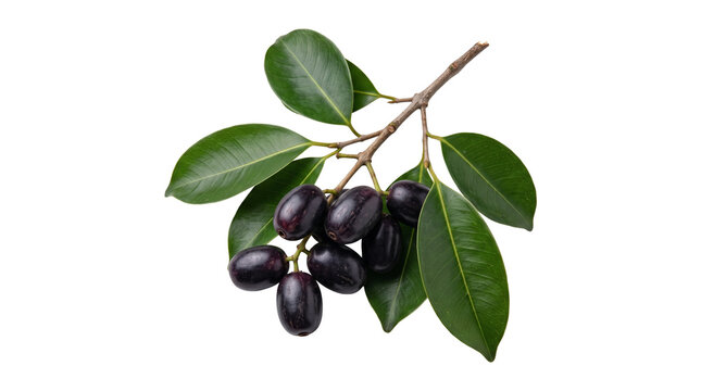 Branch of java plum also known as jambul or jamun fruit with green leaves on transparent background.