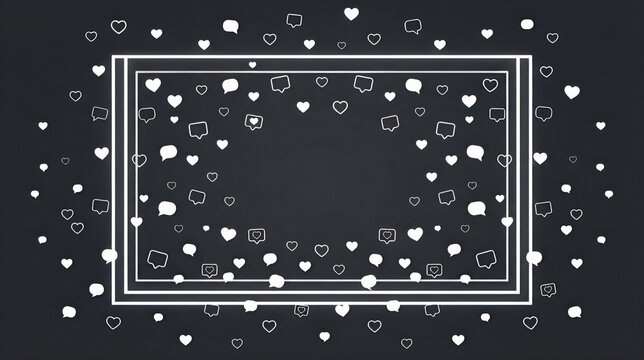 White frame with scattered hearts and shapes on dark background