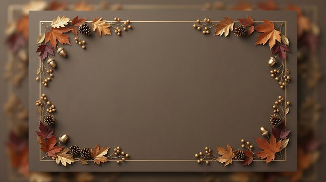 Professional autumn botanical corporate frame with leaves and pinecones on brown backdrop