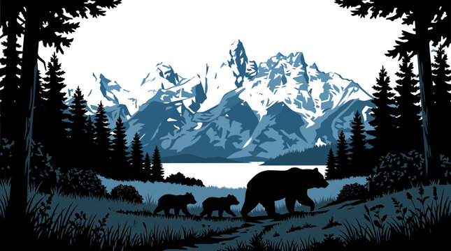 Grizzly bear family walking through alpine forest with snowy mountain peaks in this stylized vector graphic