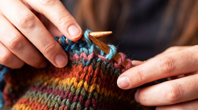 Close-up of hands knitting with colorful yarn and needles. Creative handmade hobby showcasing wool texture, craftsmanship and the knitting process.