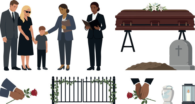 Funeral Service and Memorial Elements Vector Set Featuring Grieving Family, Coffin, Tombstone, Priest, Mortician, Cremation Urn, and Cemetery Gate Graphics
