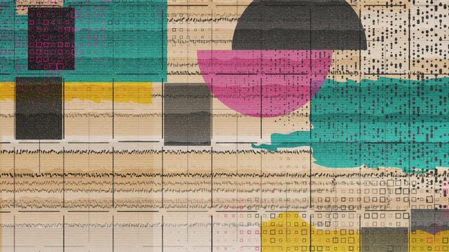 Vintage geometric collage background with halftone dots, paper grain and distressed color blocks. Abstract tactile retro grunge motion design. Seamless loop. Video animation Ultra HD 4K 3840x2160