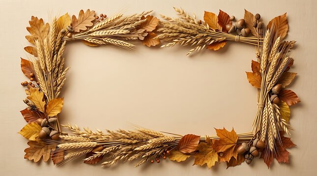 Golden wheat Thanksgiving frame background with autumn leaves and acorns on rustic beige surface