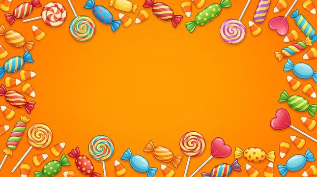 Decorative border of colorful lollipops and wrapped candies on a solid orange background.