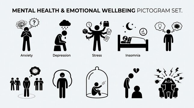 Mental health and emotional wellbeing pictogram set, black stick figure icons for anxiety and depression, psychological stress and insomnia symbols