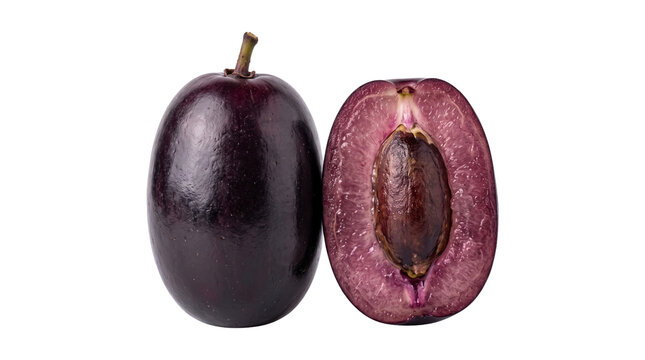 Whole and half of a purple java plum also known as jambul or jamun fruit on transparent background.