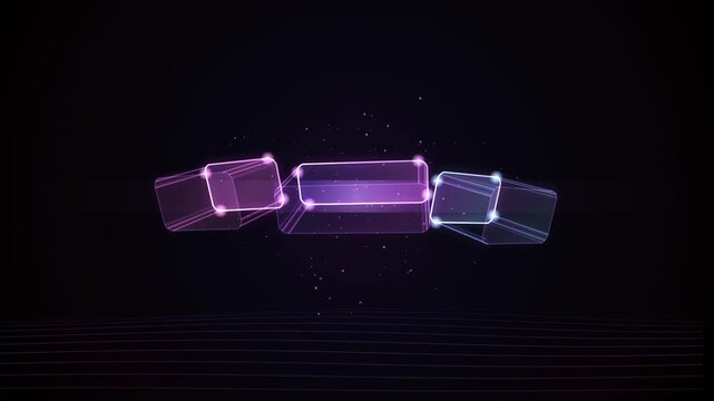 Floating glowing geometric cubes rotating over dark grid surface