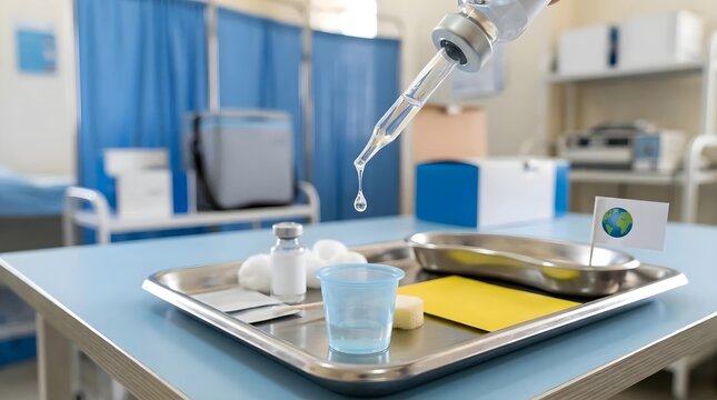 Close up of a medical pipette dripping liquid into a measuring cup on a stainless steel tray with vials and cotton, representing global healthcare, clinical research, and vaccination dosage.